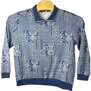 Vintage Cape Cod Sportswear Long Sleeve Polo Shirt Blue White Print USA Medium